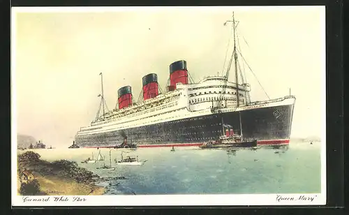 AK Passagierschiff Queen Mary nah am Ufer, Cunard White Star