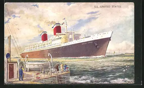 Künstler-AK Passagierschiff SS United States fährt in den Hafen ein, United States Lines