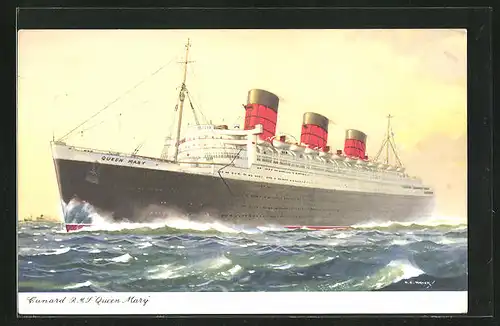 Klapp-AK Passagierschiff RMS Queen Mary bei starkem Wellengang, Cunard