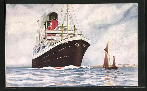 Künstler-AK Dampfer Almeda und Segelboot vor der Küste