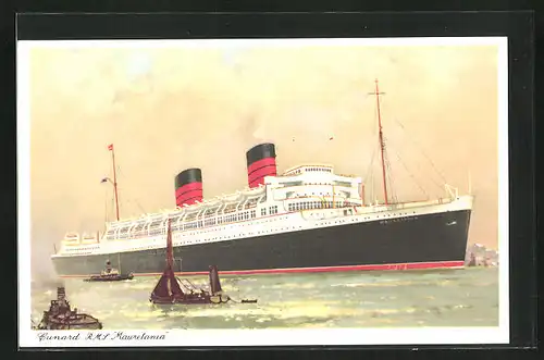 AK Mauretania und kleine Boote vor der Küste, Passagierschiff