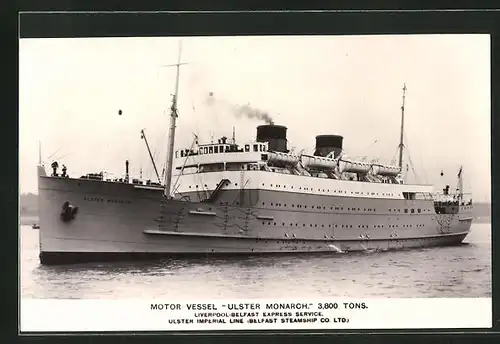AK Passagierschiff MV Ulster Monarch, Liverpool-Belfast Express Service, Ulster Imperial Line