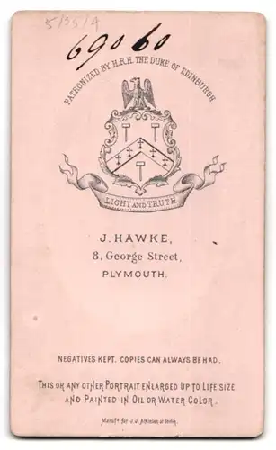 Fotografie J. Hawke, Plymouth, 8, George Street, Brustportrait bürgerlicher Herr mit Schnurrbart