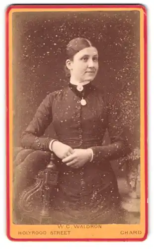 Fotografie W. C. Waldron, Chard, Holyrood Street, Portrait elegante Dame mit Kragenbrosche und Amulett