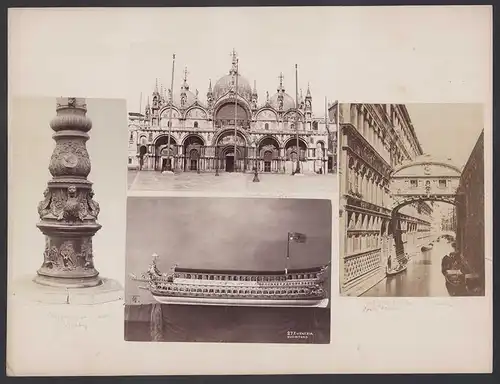 4 Fotografien unbekannter Fotograf, Ansicht Venedig, Marcusdom, Seufzerbrücke, Flaggenmast, Schiffsmodell, 33 x 25cm