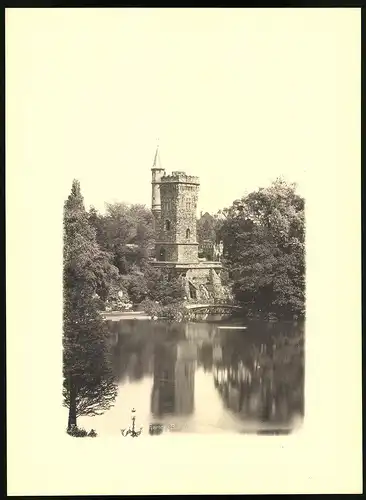 Fotografie - Lichtdruck, Ansicht Frankfurt / Main, Zoologischer Garten, Burg und Weiher, Grossformat 34 x 25cm
