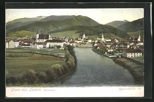 AK Leoben, Blick vom Fluss auf die Stadt