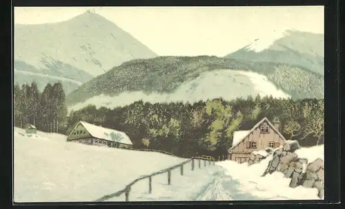Künstler-AK Friedrich Iwan: Wolfshau, Ortspartie mit Schneekoppe, Riesengebirge