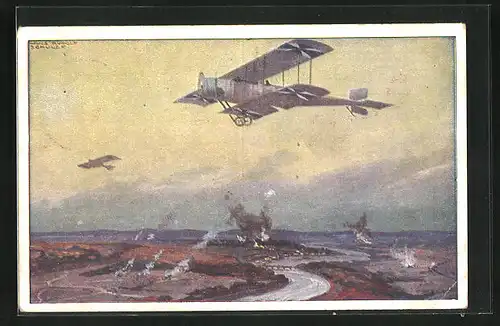 Künstler-AK Hans Rudolf Schulze: Militärdoppeldecker auf Erkundungsflug an der Marne