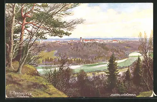 Künstler-AK Rudolf Reschreiter: Grünwald im Isartal, Teilansicht mit Brücke