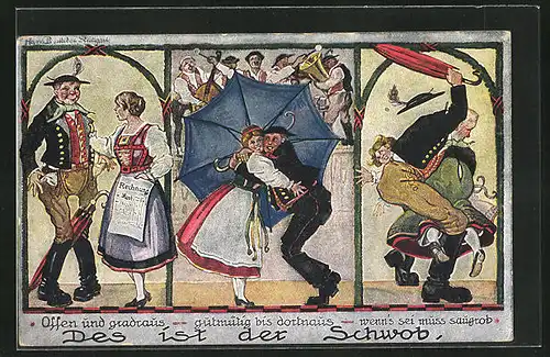 Künstler-AK Hans Boettcher: Des ist der Schwob, Offen und gradraus..., Paar in Tracht, Mann schlägt Frau mit Schirm