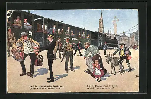 Künstler-AK Hans Boettcher: Schwäbische Eisenbahn, Mann mit Geissbock am Bahnsteig