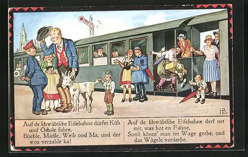 Künstler-AK Hans Boettcher: Schwäbische Eisenbahn, Menschen warten auf die Abfahrt des Zuges