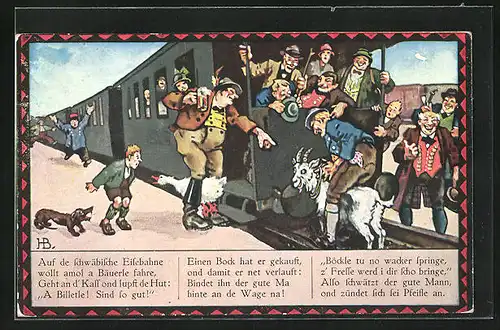 Künstler-AK Hans Boettcher: Schwäbische Eisenbahn, Menschen bestaunen lachend den Geissbock hinterm Zug