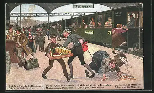 Künstler-AK Hans Boettcher: Stuttgart, Ausgerutschte Frau mit Eierkorb am Bahnhofsrestaurant, Schwäbische Eisenbahn