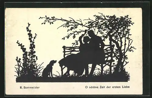 Künstler-AK R. Borrmeister: Schattenbild, Liebespaar auf einer Bank mit Hund