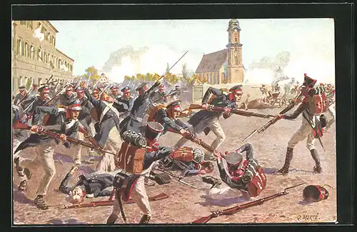 Künstler-AK O. Merte: Erstürmung des Grimmaischen Tores am 19. Oktober 1813 durch ostpreussisches Bataillon