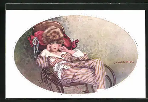 Künstler-AK C. Monestier: Dame im Stuhl sitzend im Garten