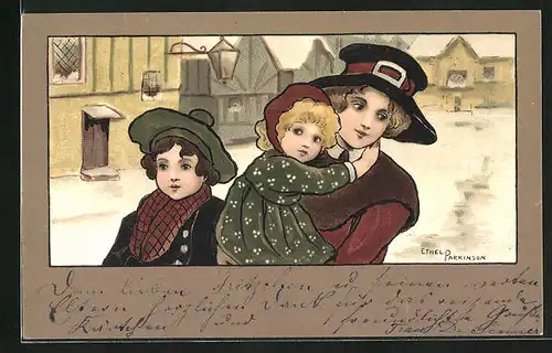 Künstler-AK Ethel Parkinson: Dame mit Kindern im Winter auf der Strasse
