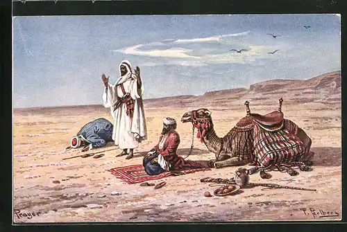 Künstler-AK Friedrich Perlberg: Betende Einheimische mit Kamel in der Wüste