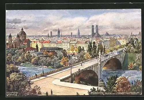 Künstler-AK Richard Wagner: München, Blick auf Brücke und Stadt