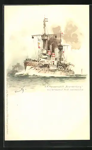 Künstler-AK Hans Bohrdt: SM Panzerschiff Brandenburg, Kriegsschiff