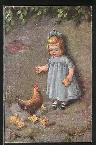 Künstler-AK Elly Frank: Kleines Mädchen füttert Hühner