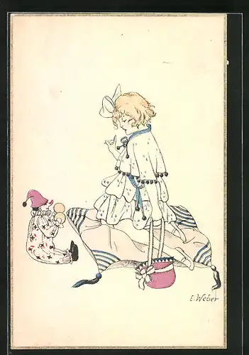 Künstler-AK E. Weber: Mädchen spielt mit Puppe