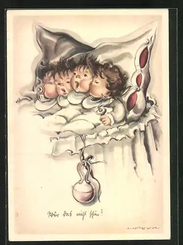 Künstler-AK Hilla Peyk: Kleine Kinder in der Krippe