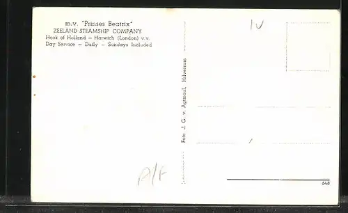 AK Zeland Steamship Company, Passagierschiff Prinses Beatrix bei ruhiger See