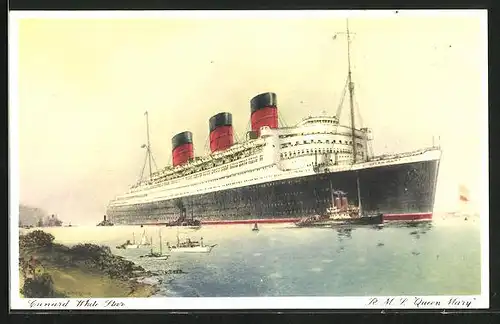 Künstler-AK Passagierschiff RMS Queen Mary mit Beibooten, Cunard White Star