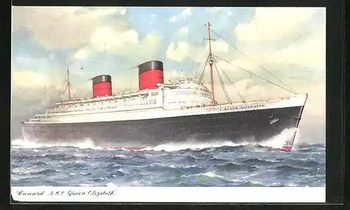 Künstler-AK Passagierschiff Cunard RMS Queen Elizabeth bei unruhiger See