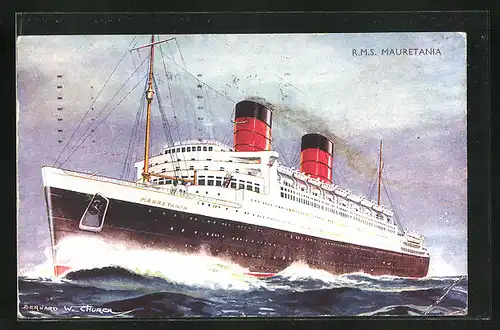 Künstler-AK Passagierschiff RMS Mauretania, Cunard White Star Line