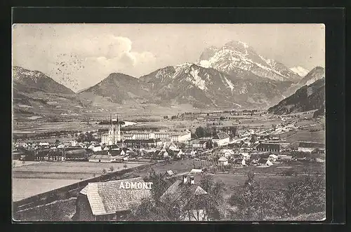 AK Admont, Panorama mit Ort und Berglandschaft