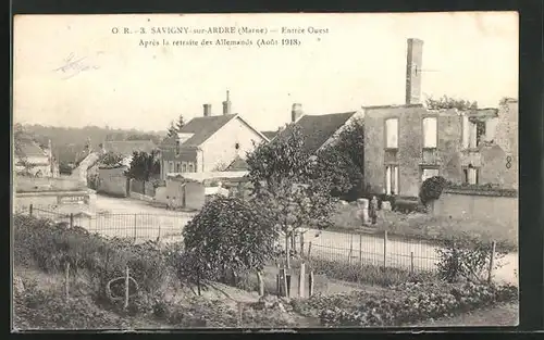 AK Savigny-sur-Ardre, Entrée Ouest après la retraite des Allemands 1918