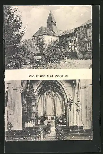 AK Neuflize b. Rethel, Inneres der Kirche mit Aussenansicht