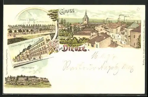 Lithographie Dieuze, Chevaulegers Kaserne, Infanterie Kaserne m. Offiziers-Casino
