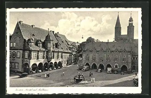 AK Goslar, Markt mit Hotel und Rathaus und Brunnen