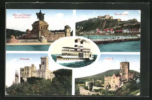 AK Ehrenbreitstein, Hafen, Lahneck und Stolzfels Burg, Denkmal Kaiser Wilhelm I.