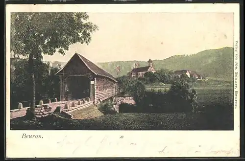 AK Beuron, Gedeckte Brücke, Ortsansicht