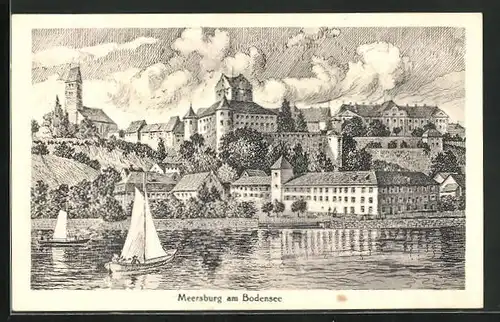 Künstler-AK Meersburg a. B., Blick vom See auf Ort