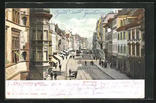 AK Freiburg, Kaiserstrasse mit Strassenbahn