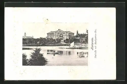 AK Karlsruhe, Festhalle mit Stadtgarten-See
