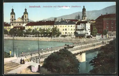 AK Innsbruck, Innbrücke mit Pfarrkirche u. Stadtturm