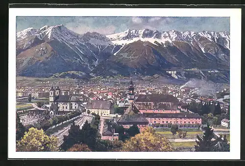 AK Innsbruck, Blick über die Stadt mit Bergkulisse