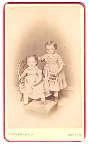 Fotografie C. Bosshard, Horgen, Portrait zwei kleine Mädchen in hübschen Kleidern