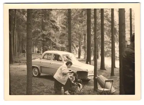 3 Fotografien Auto Renault Dauphine, PKW mit Kfz-Kennzeichen Berlin mit Hund & beim Camping