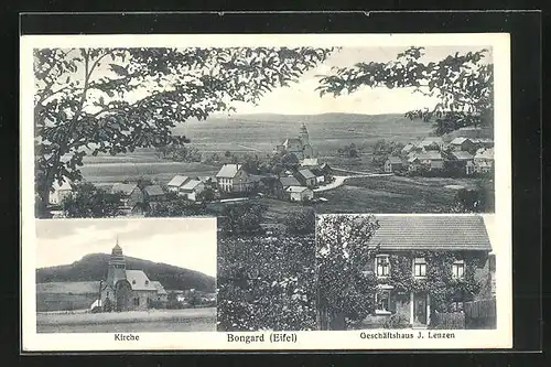 AK Bongard /Eifel, Geschäftshaus J. Lenzen, Kirche, Ortspartie