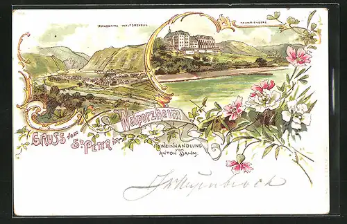 Lithographie Walporzheim, Gasthaus St. Peter & Weinhandlung von Anton Dahm, Panorama, Kalvarienberg