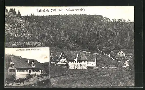 AK Rehmühle /Württbrg. Schwarzwald, Gasthaus zum Waldhorn, Ortspartie